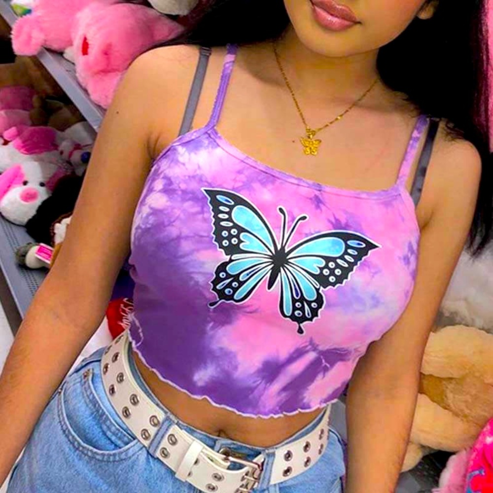 Sexy Butterfly Tie-dye Purple Lettuce Trim Cop Tank Top Camisole